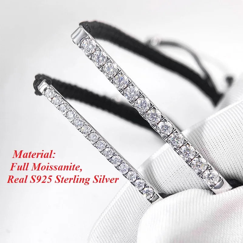 Moissanite Adjustable Bracelet – D Color with GRA Certificate | 925 Sterling Silver Braided Rope Chain Jewelry for Men & Women