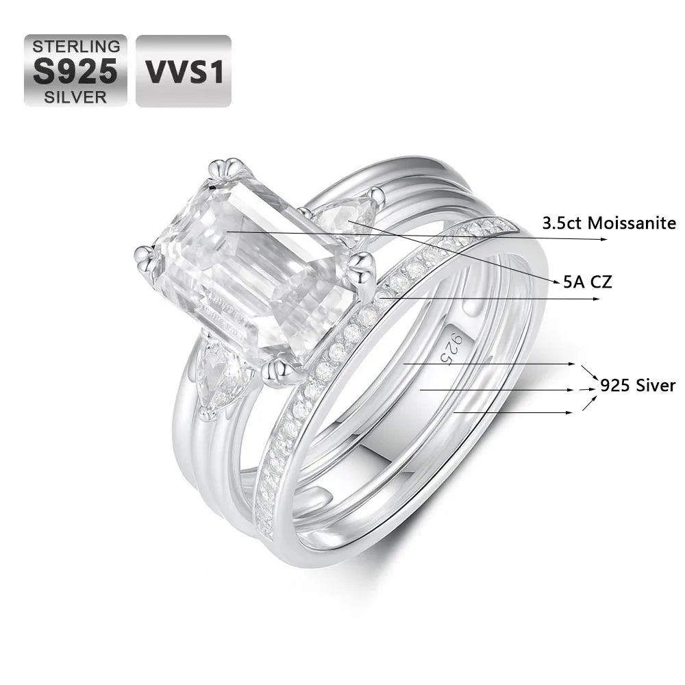 Moissanite Wedding Ring Set – 3.5ct Emerald Cut VVS/CZ Diamond | 925 Sterling Silver 18K Gold Plated Engagement Jewelry with GRA