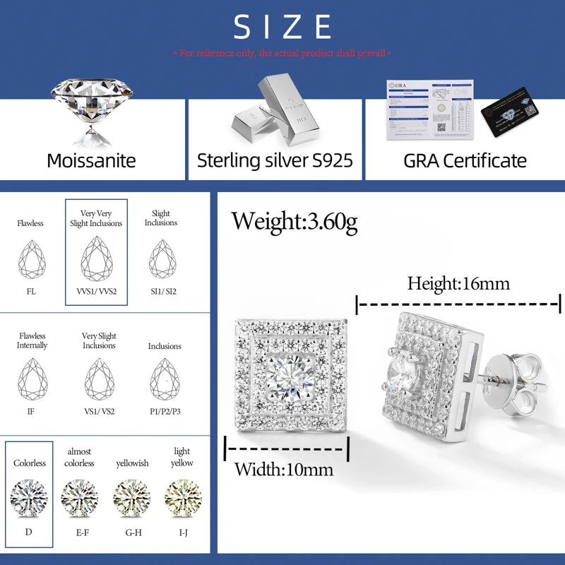 Moissanite Stud Earrings – D Color Iced Out | 925 Sterling Silver Hip Hop Jewelry for Men & Women