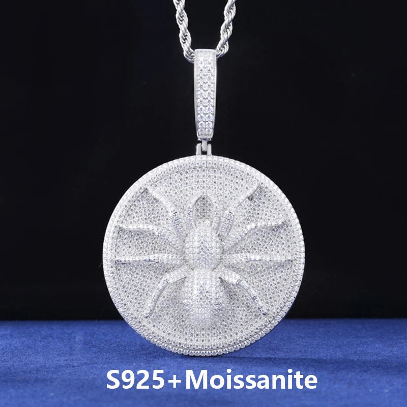 Moissanite Spider Pendant Necklace – Iced Out Round Charm Design | 925 Sterling Silver Hip Hop Jewelry for Men, Passed Diamond Test