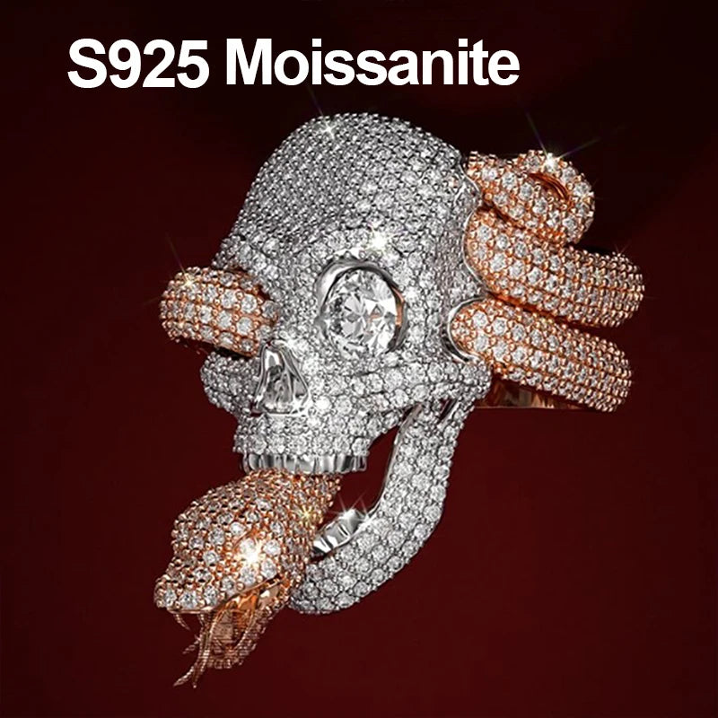 Moissanite Skull Snake Ring – Iced Out Design | S925 Sterling Silver Luxury Hip Hop Jewelry for Men & Women