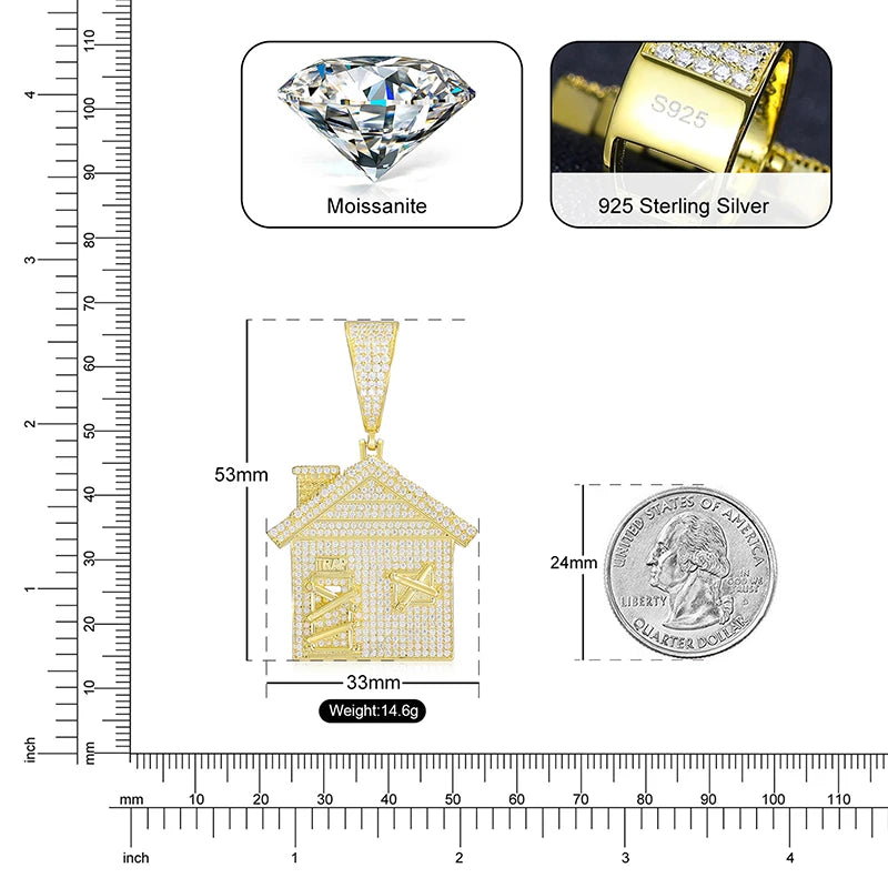 Moissanite House Pendant Necklace – Iced Out Door Design | 925 Sterling Silver Hip Hop Jewelry for Men & Women