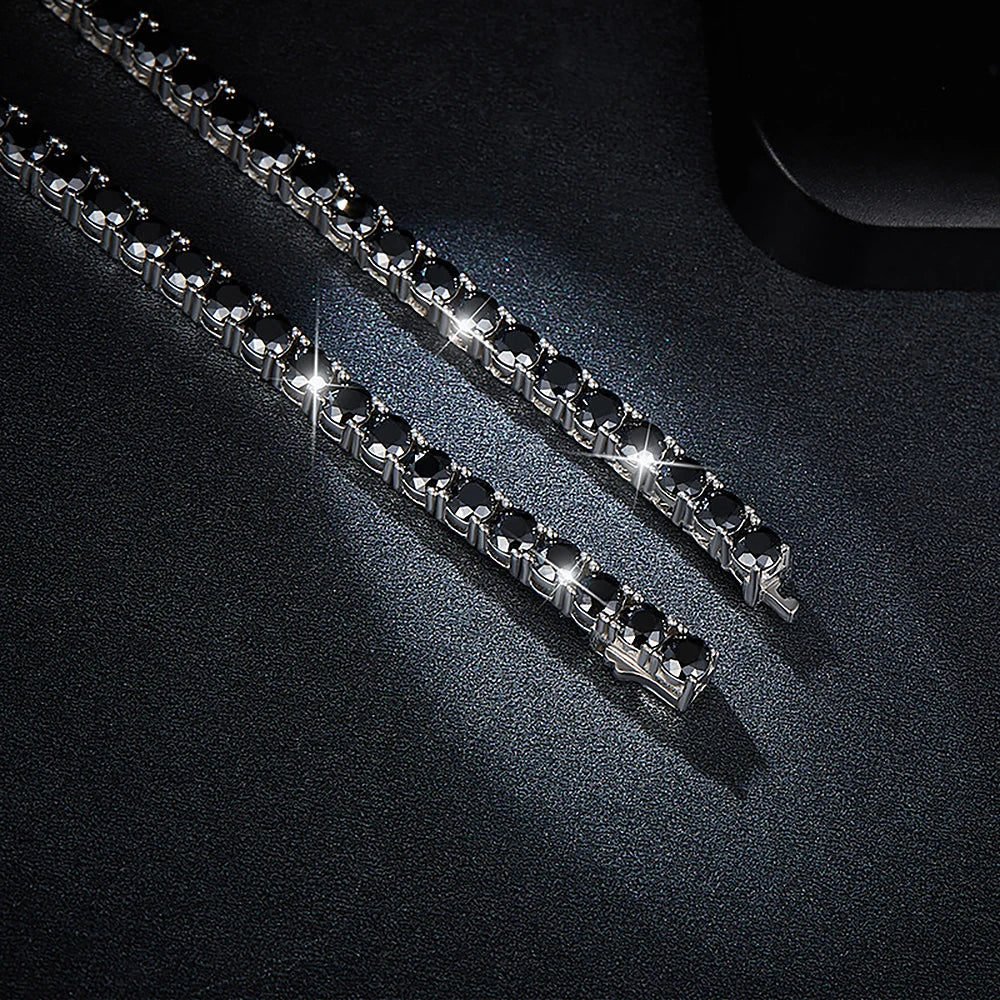 Black Moissanite Tennis Necklace – 3mm–6.5mm with Certificates | 925 Sterling Silver Lab Diamond Hip Hop Chain for Men & Women