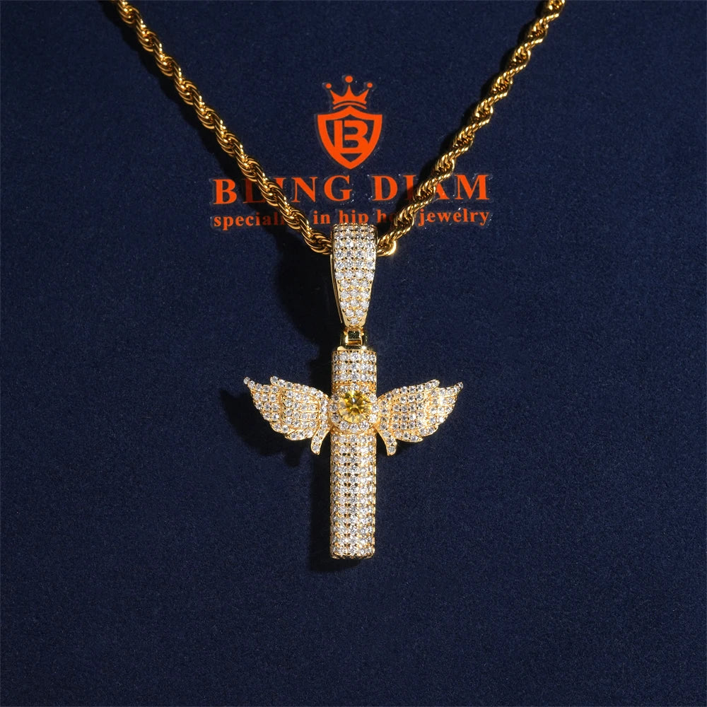 Moissanite Cross Pendant – Colorful VVS1 Diamond with GRA Certification | 925 Sterling Silver Fits 8mm Tennis Chain