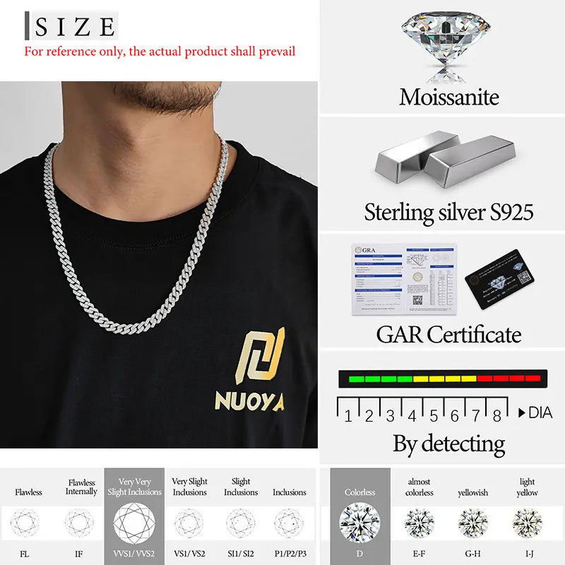 Moissanite Cuban Hip Hop Chain Necklace – 8mm VVS Full Diamond Iced Out | 925 Sterling Silver Chain Jewelry for Men & Women