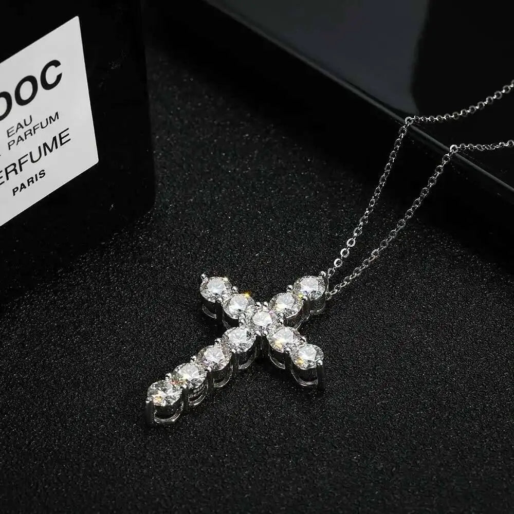 Moissanite Cross Pendant Necklace – Full Moissanite Design | 925 Sterling Silver White Gold Plated Chain Fine Jewelry for Women & Men