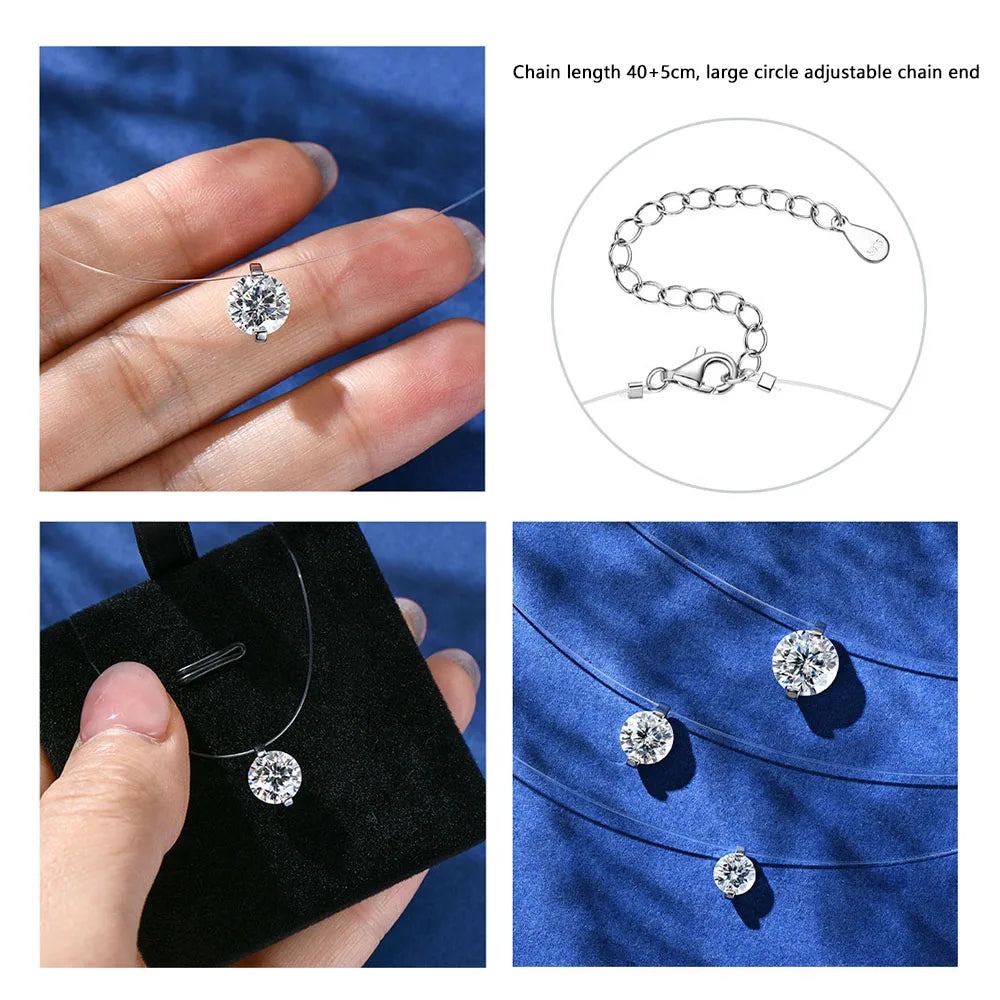 Moissanite Necklace for Women – 0.5ct 1ct 2ct 3ct Certified Brilliant Cut Pendant | Sparkling Fishing Line Design Pure 925 Sterling Silver