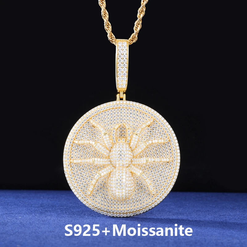 Moissanite Spider Pendant Necklace – Iced Out Round Charm Design | 925 Sterling Silver Hip Hop Jewelry for Men, Passed Diamond Test