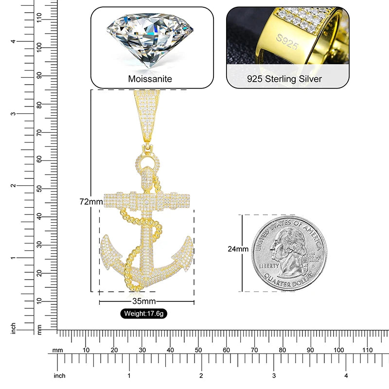Moissanite Anchor Pendant Necklace – Iced Out Design | 925 Sterling Silver Hip Hop Jewelry for Men & Women