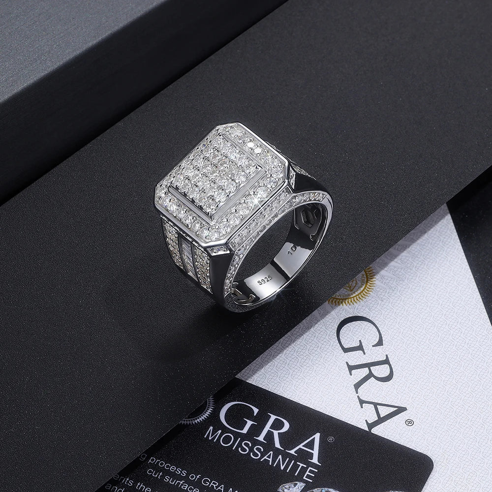 Moissanite Men's Ring – Square & Round Brilliant Cut Hip Hop Design | 925 Sterling Silver VVS Statement Jewelry