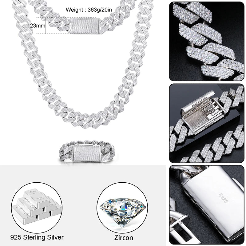Moissanite Cuban Bracelet – 23mm Full Diamond | Solid 925 Sterling Silver Hip Hop Chain Jewelry for Men & Women