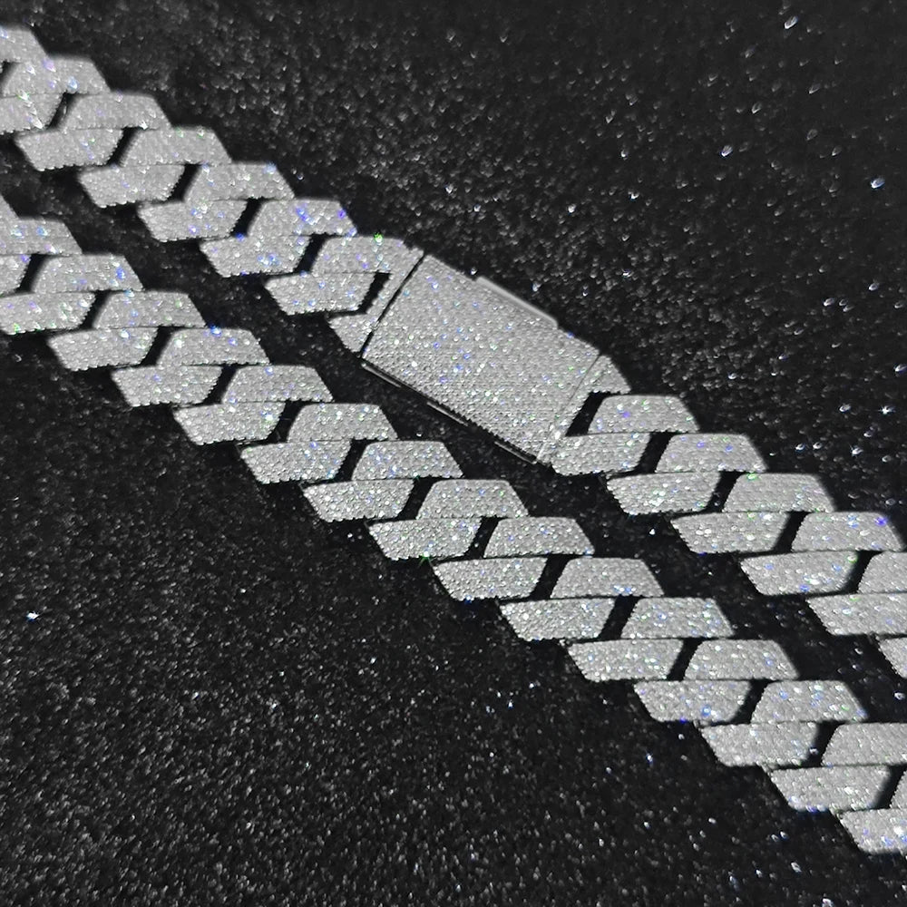Moissanite Cuban Chain Necklace & Bracelet – 15mm 4 Rows Round Cut VVS Diamond with GRA Certificate | 925 Sterling Silver Jewelry Gift