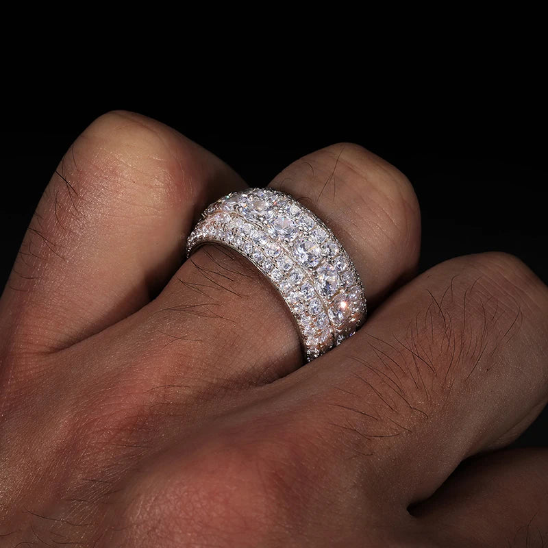 Moissanite Ring – VVS1 11mm 3-Row Pave | S925 Sterling Silver Hip Hop Jewelry