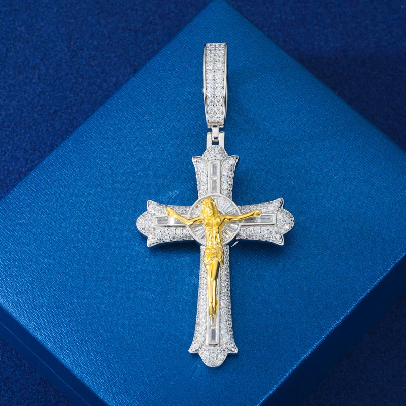 Moissanite Cross Pendant – D VVS Jesus Crucifix | 18K Gold Plated 925 Silver Religious Jewelry for Men & Women