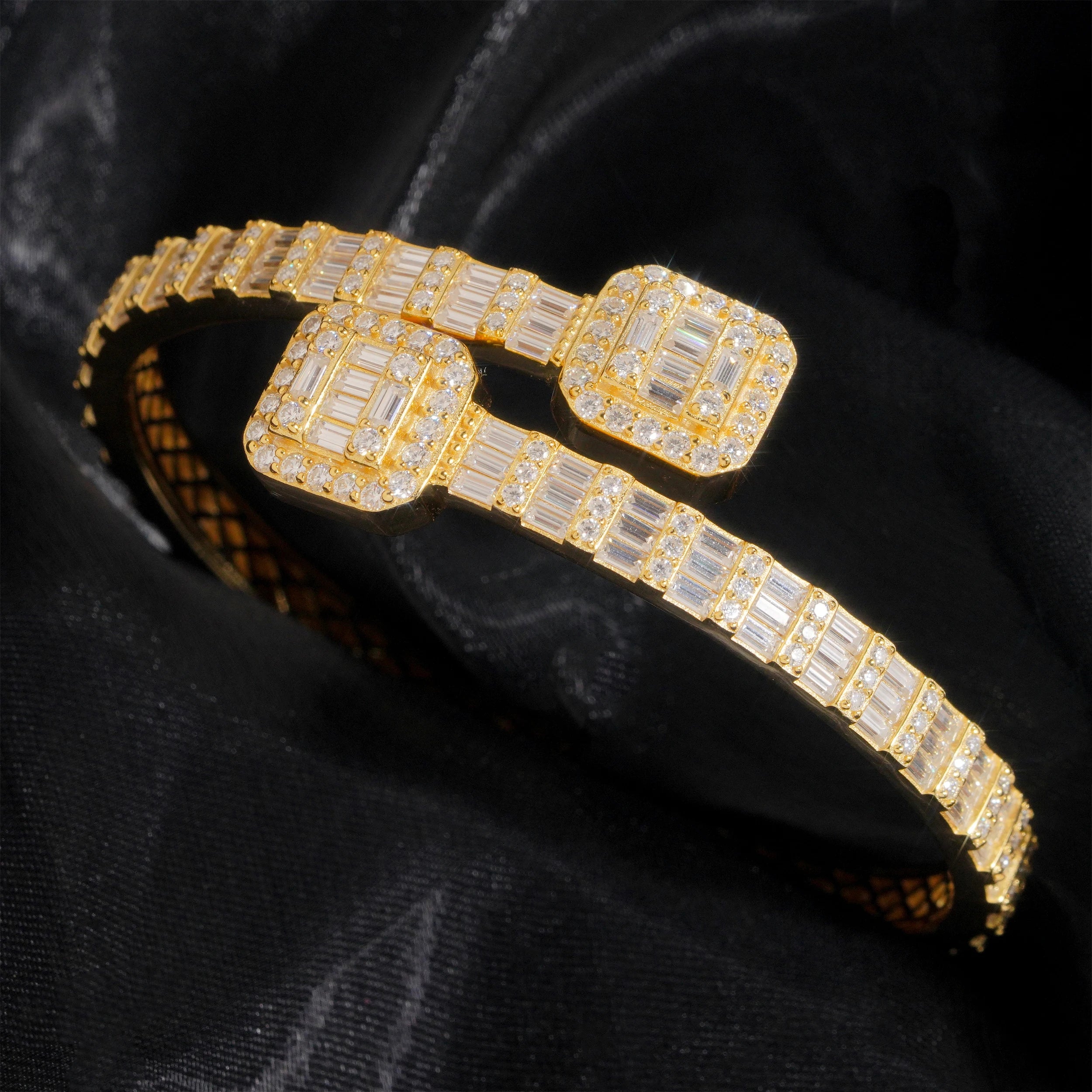 Moissanite Cuff Bracelet – D Color Baguette Design Iced Out | S925 Sterling Silver High Quality Hip Hop Jewelry