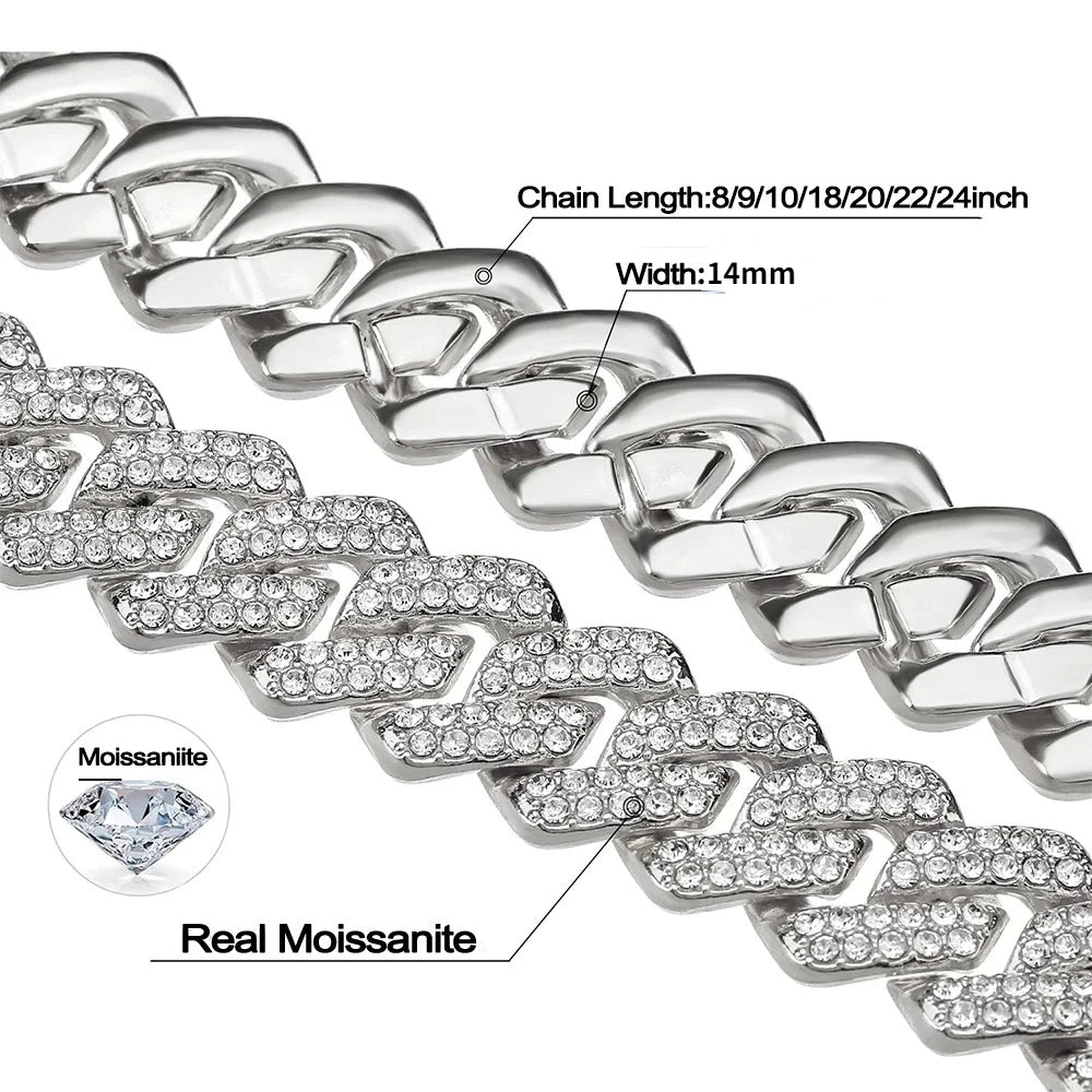 Moissanite Cuban Link Necklace Bracelet – 14mm Full Diamond GRA Certified | 100% 925 Sterling Silver Hip Hop Jewelry for Men & Women
