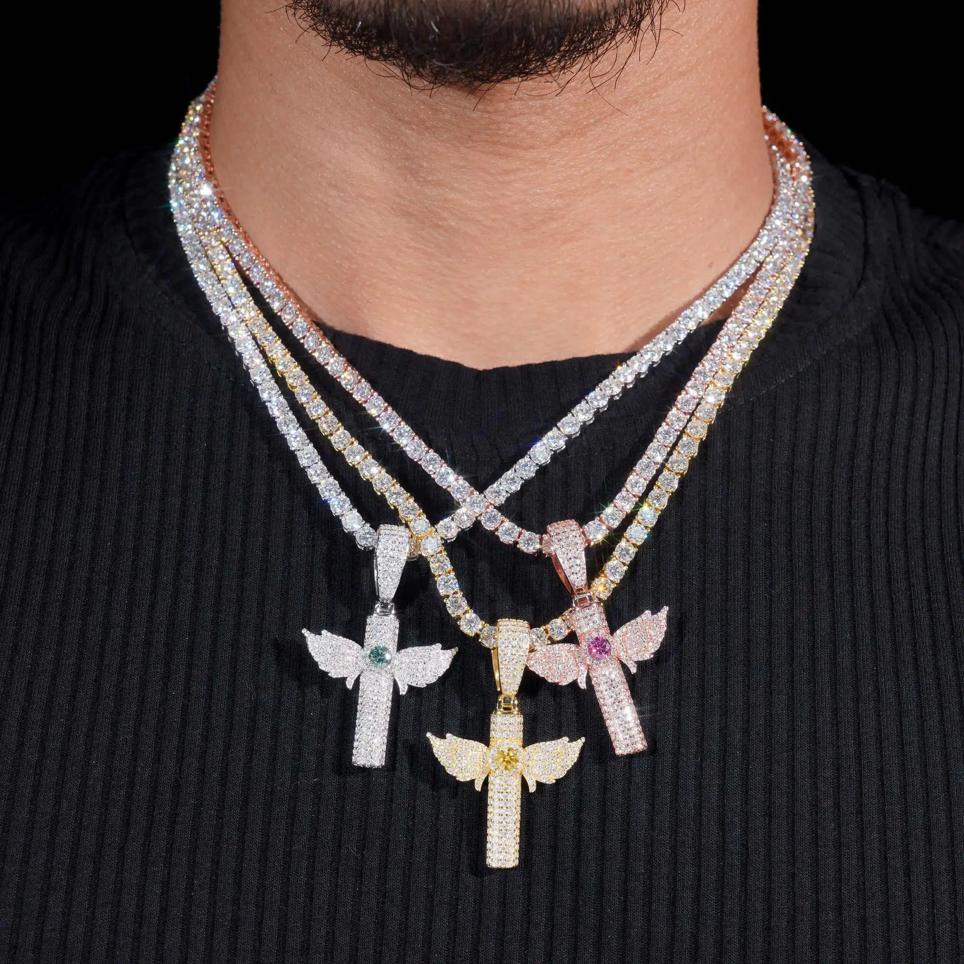 Moissanite Cross Pendant – Colorful VVS1 Diamond with GRA Certification | 925 Sterling Silver Fits 8mm Tennis Chain