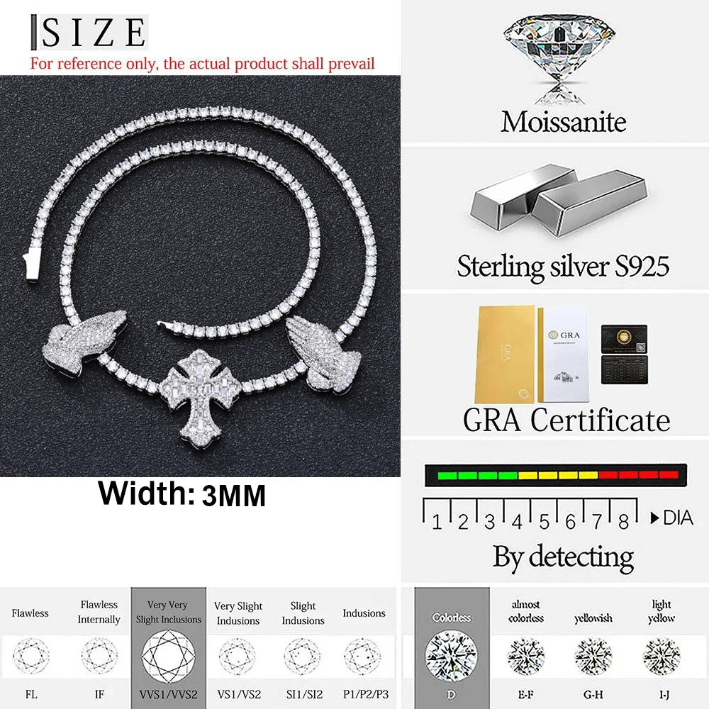 Moissanite Cross Necklace – GRA Certified VVS Hip Hop Iced Out Tennis Chain | 925 Sterling Silver Jewelry for Women