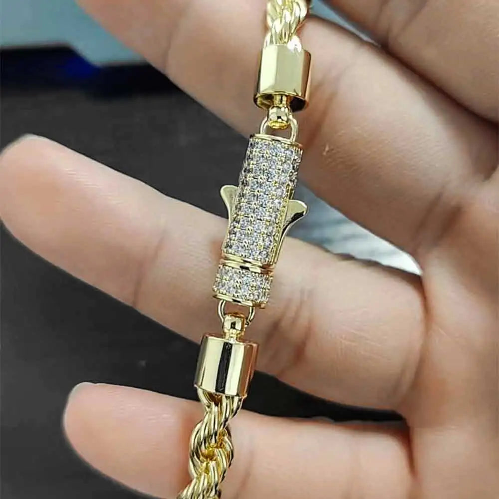 Rope Chain Necklace – 6mm Twist Design with Iced Out Clasp | Stainless Steel Hip Hop Jewelry for Men & Women