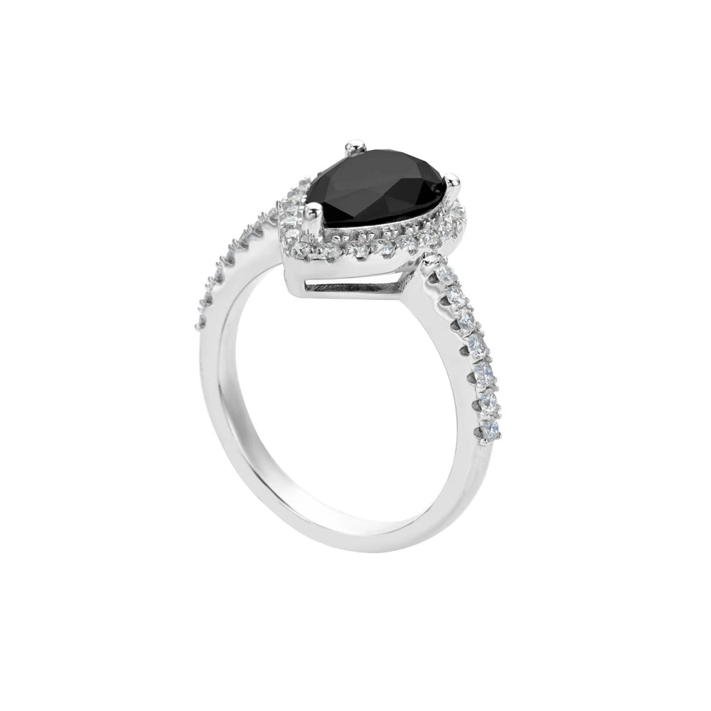 Moissanite Engagement Ring – 2.0ct Pear Shaped Black VVS Diamond Wedding Ring | 925 Sterling Silver Jewelry for Women