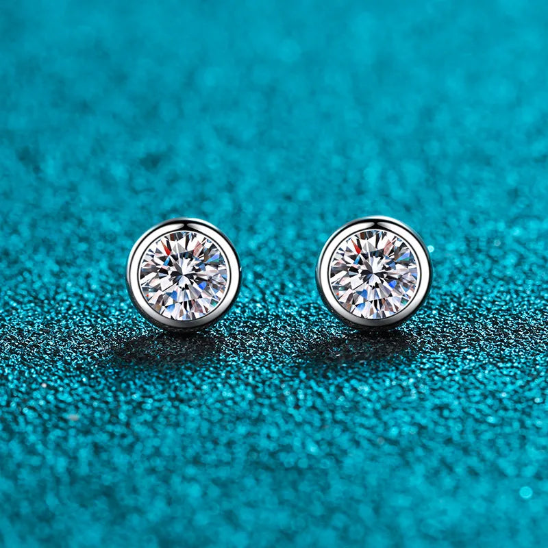 Moissanite Stud Earrings – 0.3ct 0.5ct 1ct Round Cut Bezel Design | 925 Sterling Silver Jewelry for Women