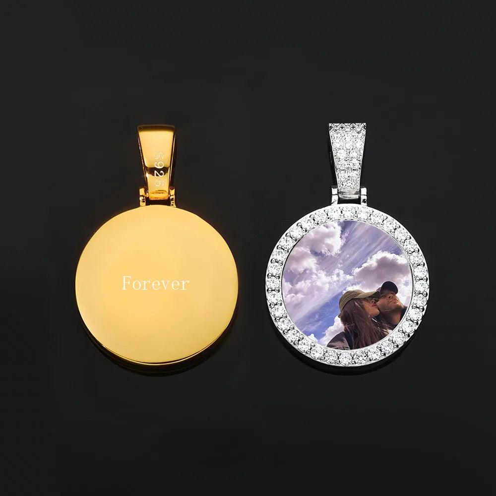 Moissanite Custom Photo Pendant Necklace – Circle Memory Medallion | 925 Sterling Silver Personalized Picture Chain for Men