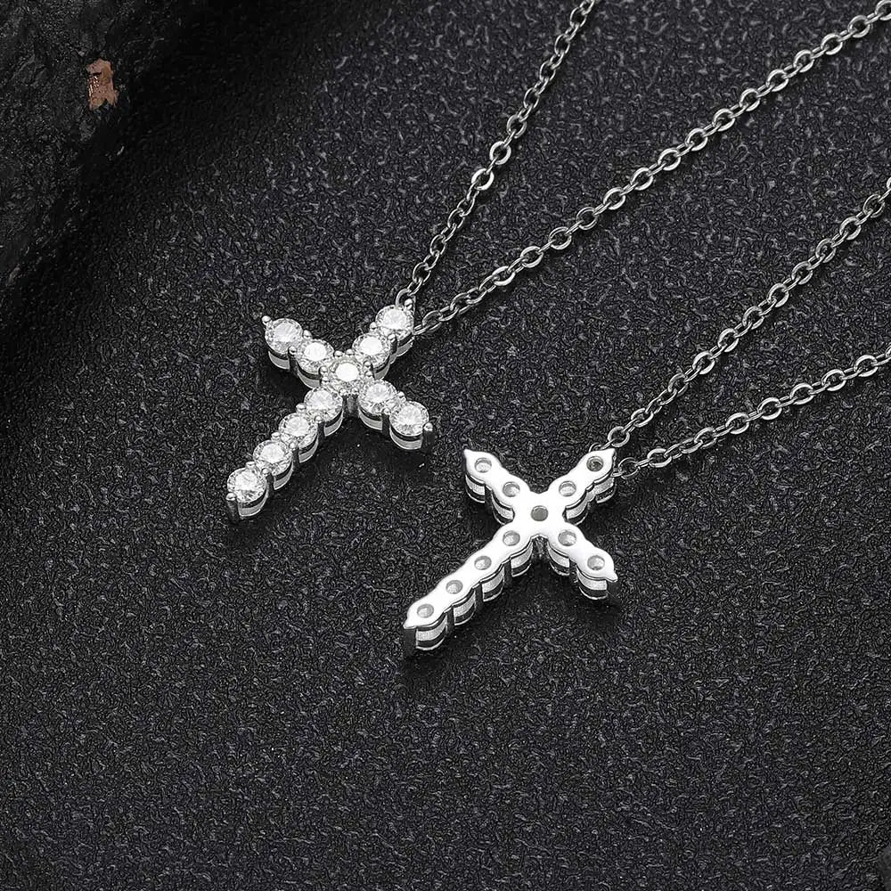 Moissanite Cross Pendant Necklace – Iced Out Jesus Christian Religious Jewelry | 925 Sterling Silver White Gold Plated Gift for Women