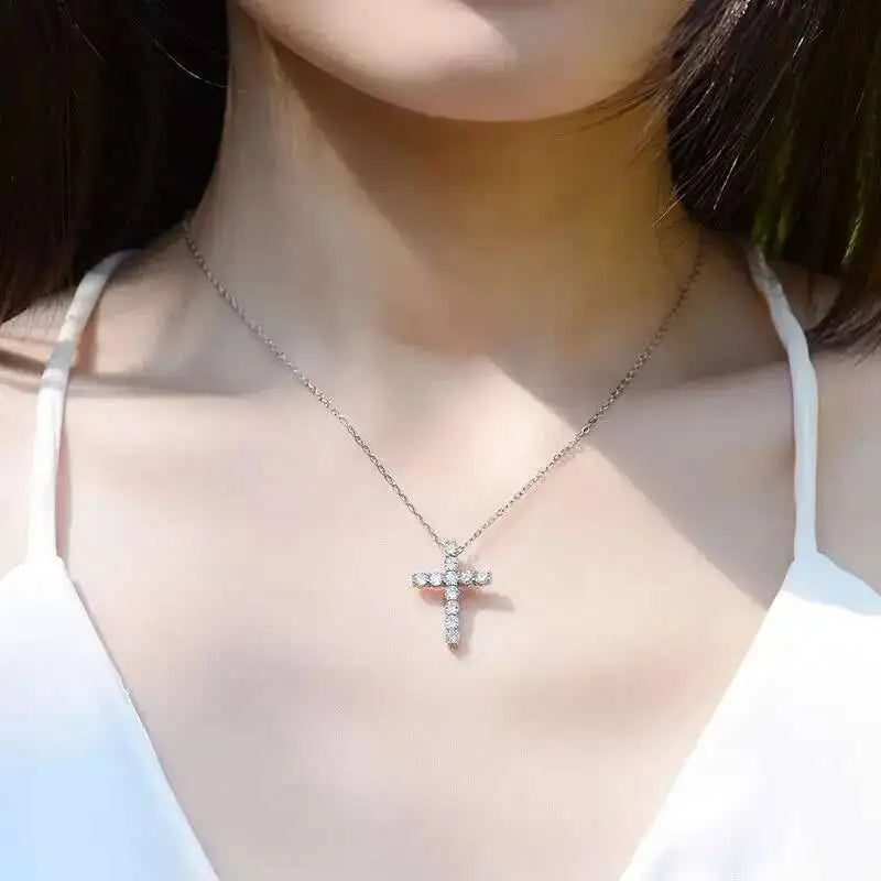 Moissanite Cross Pendant Necklace – Full Moissanite Design | 925 Sterling Silver White Gold Plated Chain Fine Jewelry for Women & Men