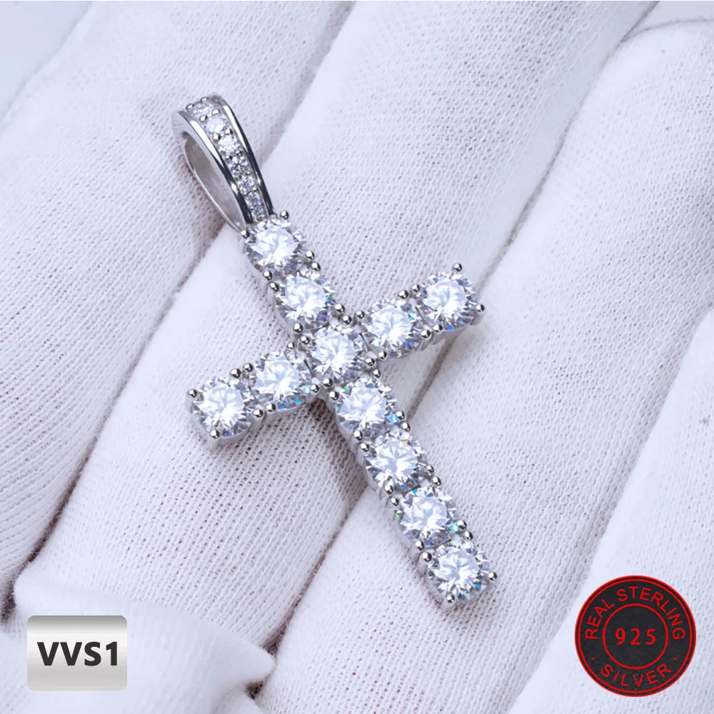 Moissanite Cross Pendant Necklace – Hip Hop VVS Diamond Charm | 925 Sterling Silver No-Fade Fine Jewelry for Men