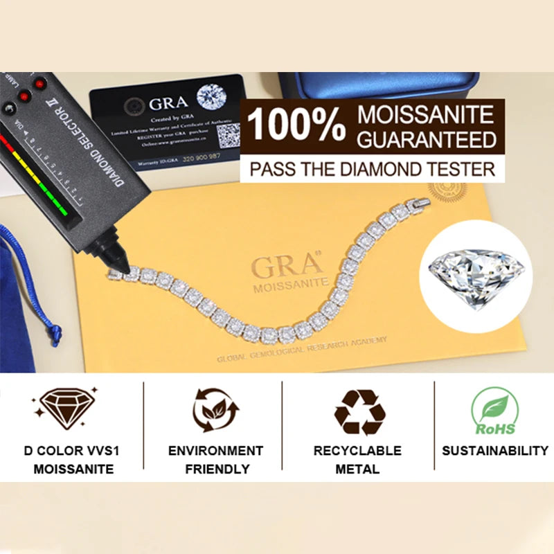 Moissanite Halo Tennis Bracelet – Iced Out Design with GRA Certificate | 925 Sterling Silver 18k Gold Plated Jewelry Gift for Men & Women