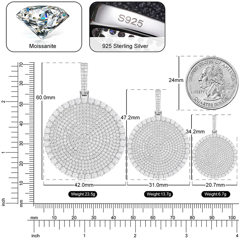 Moissanite Round Pendant Necklace – 20mm 30mm 40mm D VVS | 925 Sterling Silver Iced Out Pass Diamond Test Jewelry for Men & Women
