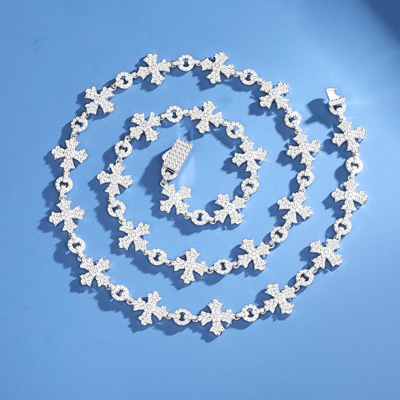 Moissanite Cross Chain Necklace – 12mm D Color Round Cut Iced Out Party Jewelry 2024 Trend | 925 Sterling Silver for Men & Women