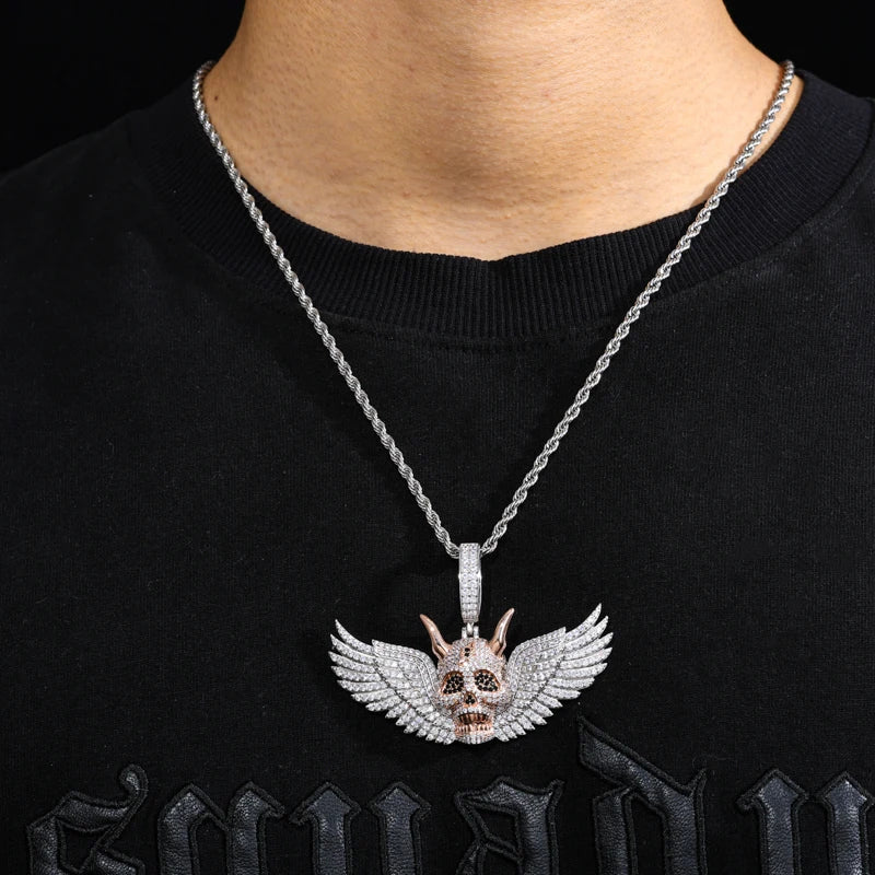 Moissanite Skull Wing Pendant Necklace – Iced Out Bling | 925 Sterling Silver Hip Hop Jewelry for Men & Women