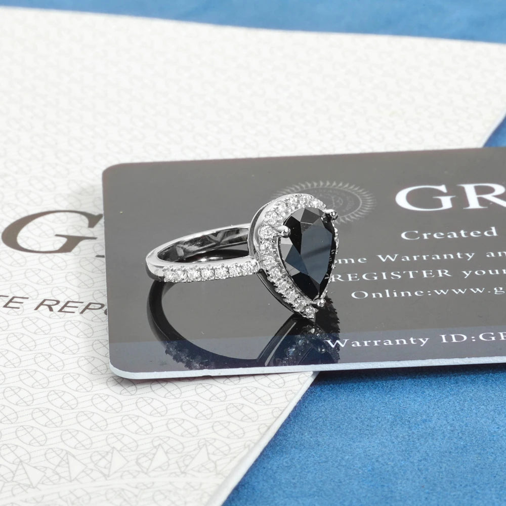 Moissanite Engagement Ring – 2.0ct Pear Shaped Black VVS Diamond Wedding Ring | 925 Sterling Silver Jewelry for Women