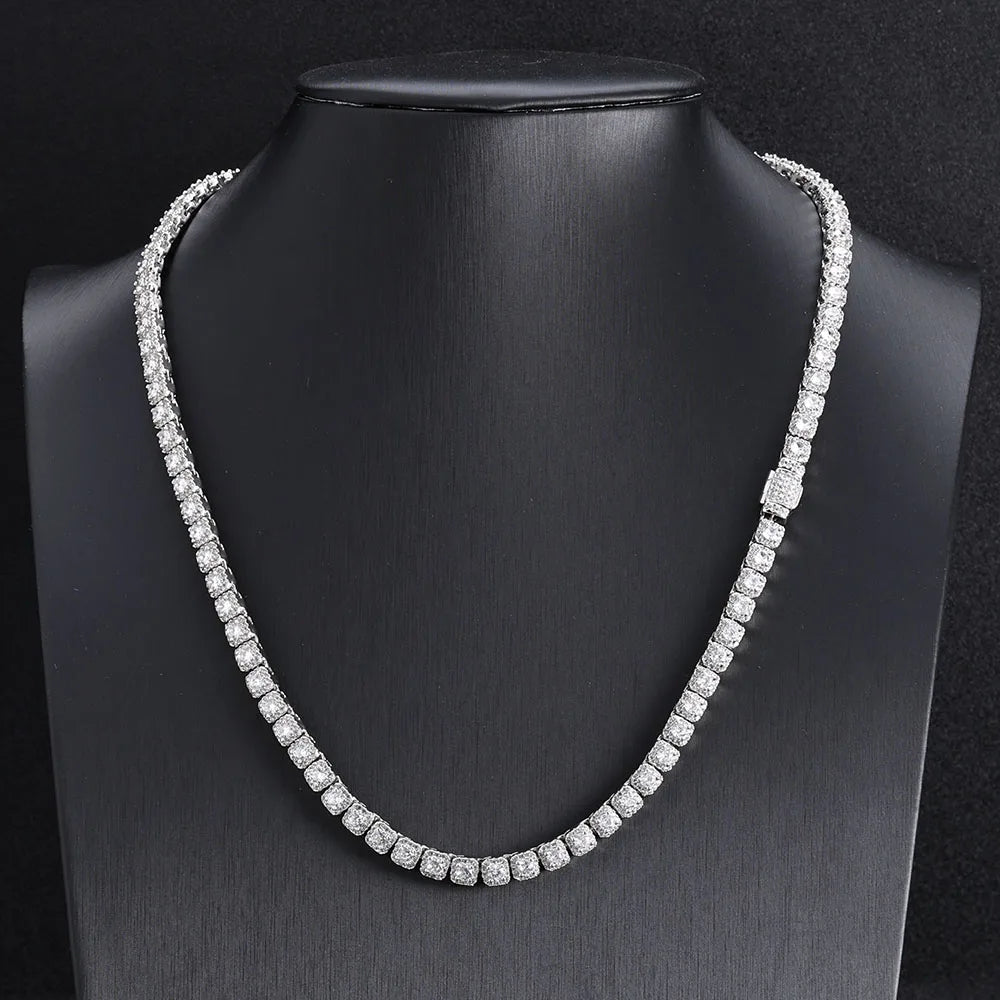Moissanite Tennis Chain Necklace – 5mm Luxury Custom VVS Diamond Cluster | 925 Sterling Silver Jewelry