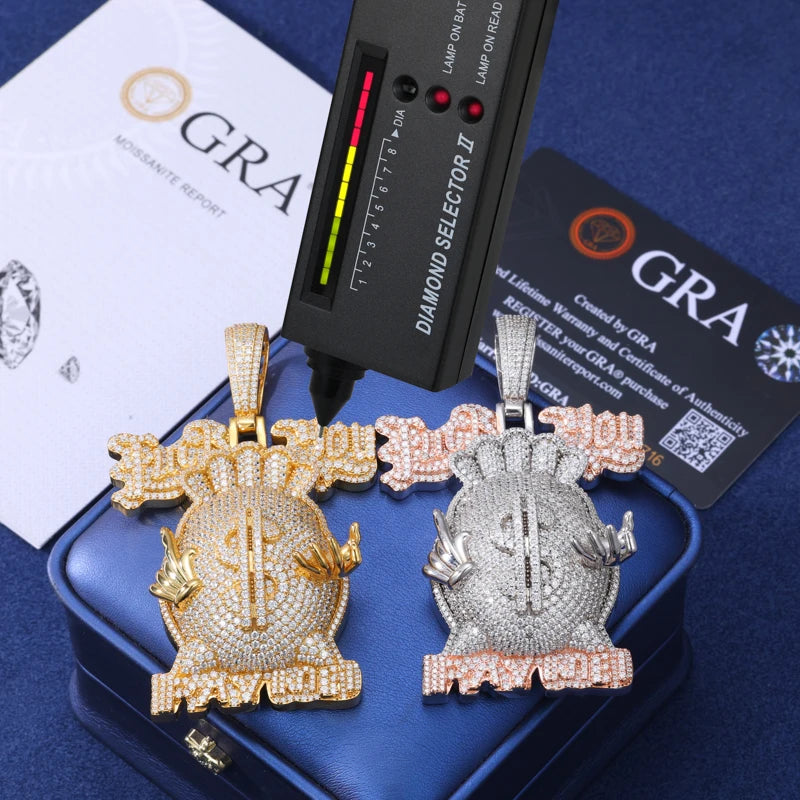 Moissanite Money Bag Pendant Necklace – Iced Out Dollar Design | S925 Sterling Silver Hip Hop Jewelry for Men & Women