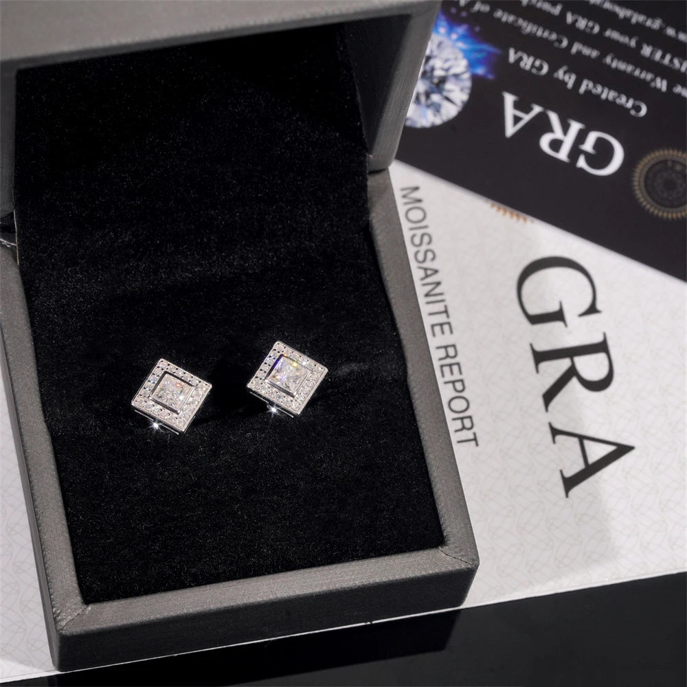 Moissanite Stud Earrings – Square D Color with Certificate | S925 Sterling Silver Fine Jewelry Gifts
