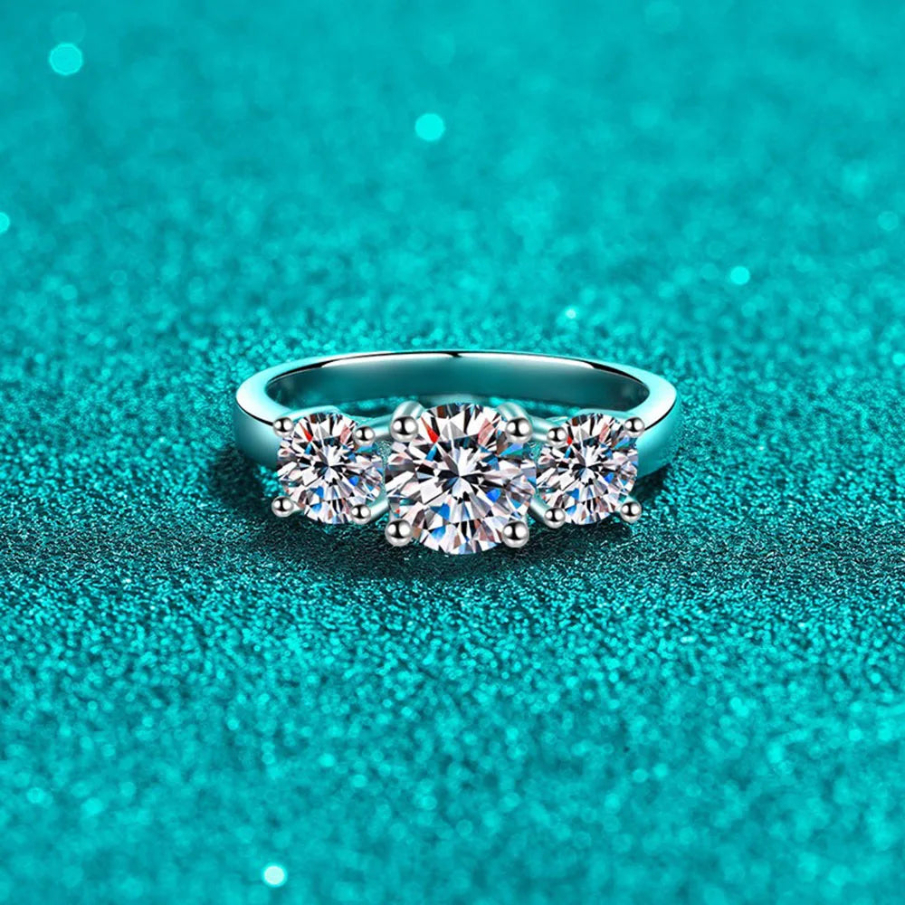 Moissanite Engagement Ring – 2ct D Color VVS1 Round Brilliant Cut | 3-Stone 925 Sterling Silver Wedding Ring for Women