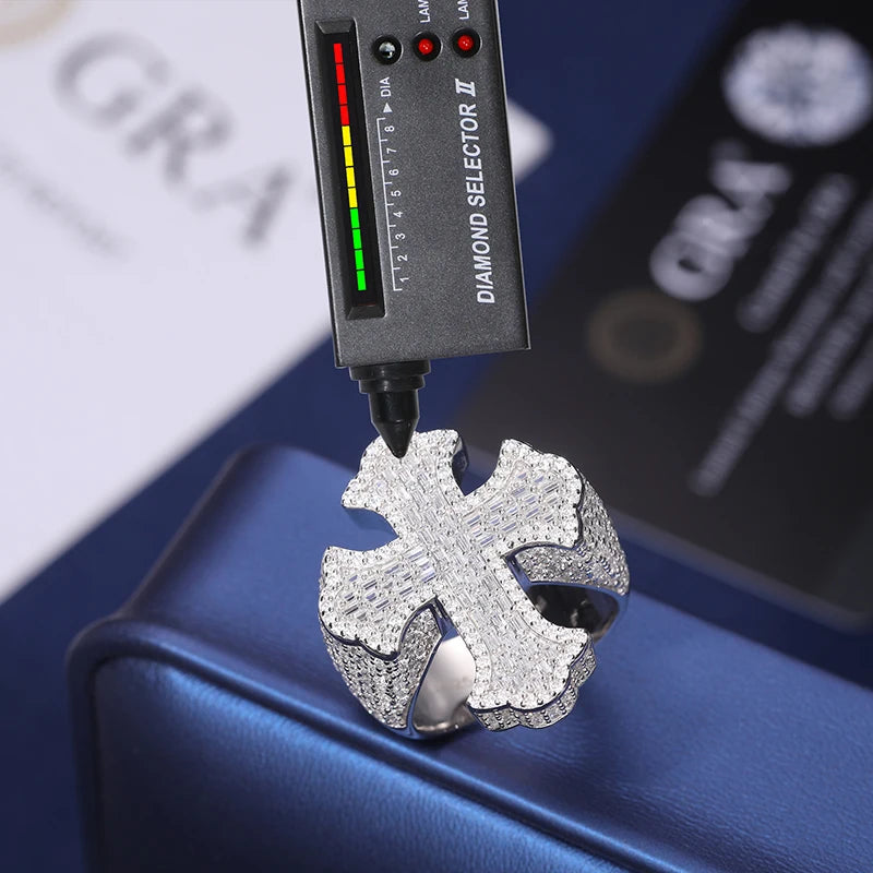 Moissanite Cross Ring – Baguette Iced Out | S925 Sterling Silver Luxury Hip Hop Jewelry for Men & Women