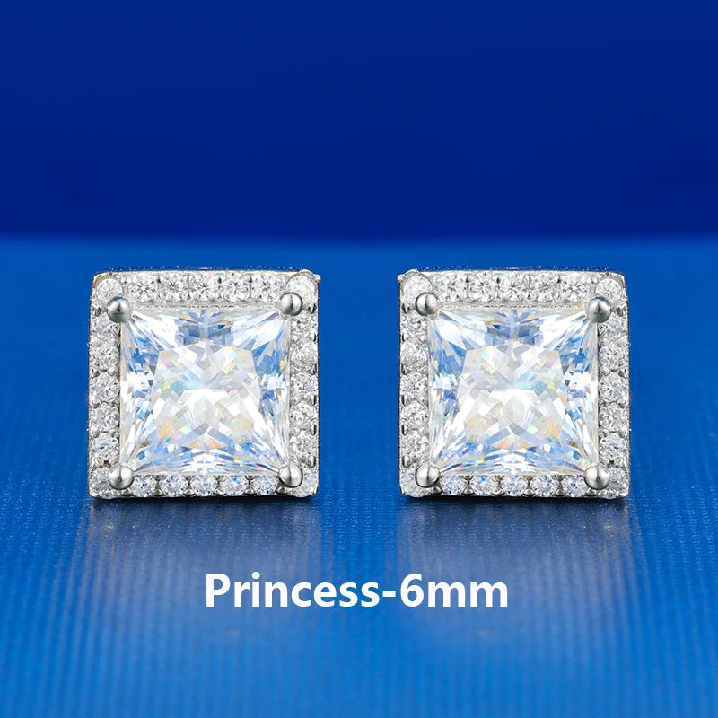 Moissanite Halo Stud Earrings – Princess Cut | 925 Sterling Silver Pass Tester Luxury Jewelry for Men & Women