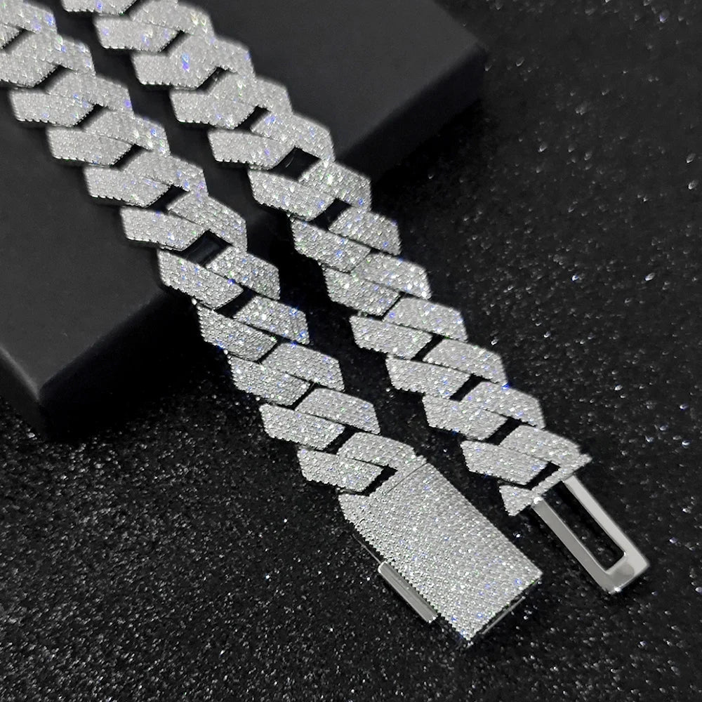 Moissanite Cuban Chain Necklace & Bracelet – 15mm 4 Rows Round Cut VVS Diamond with GRA Certificate | 925 Sterling Silver Jewelry Gift