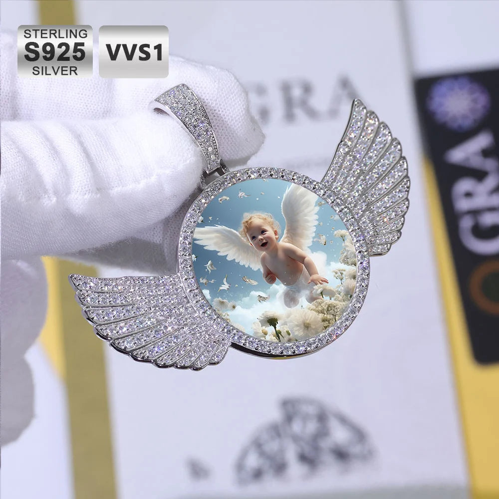 Moissanite Angel Wings Memory Locket Pendant – Iced Out Custom Photo Charm | 925 Sterling Silver Trendy Jewelry for Women