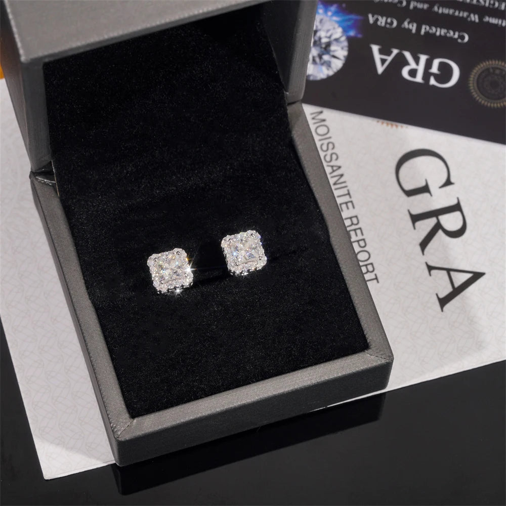 Moissanite Stud Earrings – Princess Cut D Color Main Stone with Certificate | S925 Sterling Silver Fine Jewelry Gifts
