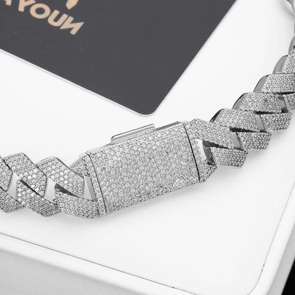 Moissanite Cuban Chain Necklace & Bracelet – 15mm 4 Rows Round Cut VVS Diamond with GRA Certificate | 925 Sterling Silver Jewelry Gift