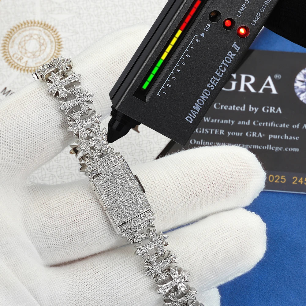 Moissanite Snowflake Cross Bracelet – 8mm Iced Out VVS Design | 925 Sterling Silver Tennis Chain with GRA for Men & Women