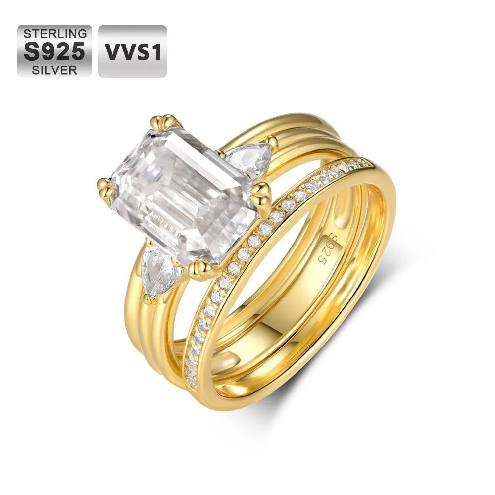Moissanite Wedding Ring Set – 3.5ct Emerald Cut VVS/CZ Diamond | 925 Sterling Silver 18K Gold Plated Engagement Jewelry with GRA