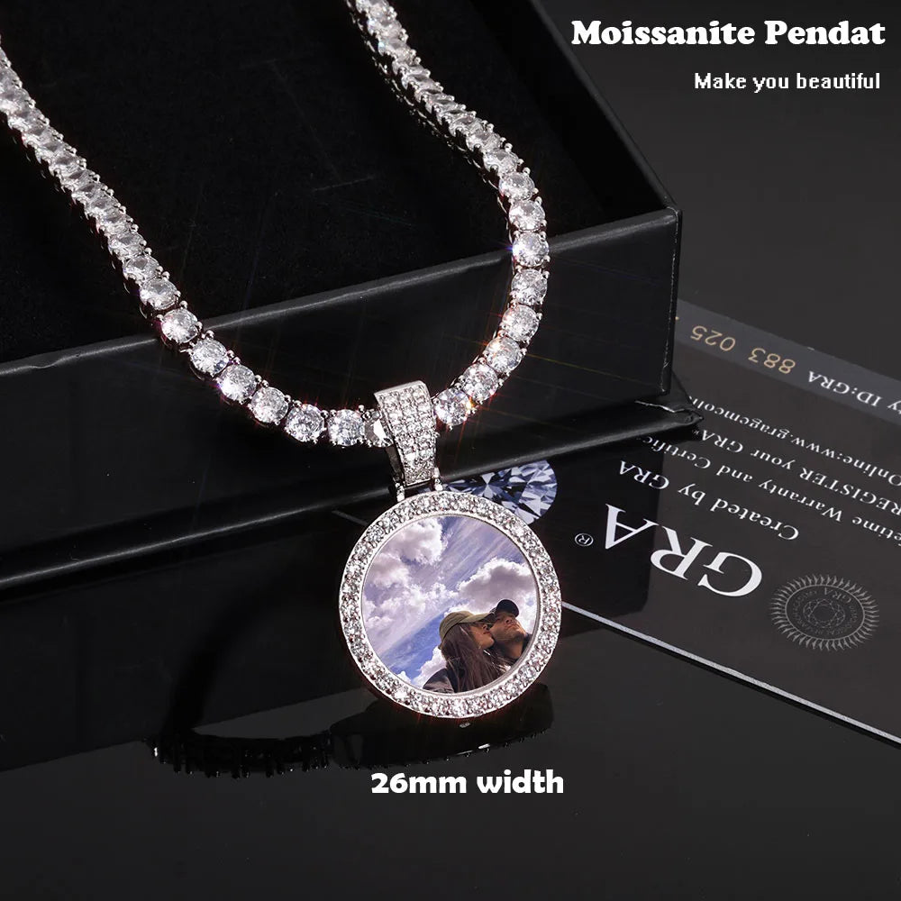Moissanite Custom Photo Pendant Necklace – Circle Memory Medallion | 925 Sterling Silver Personalized Picture Chain for Men