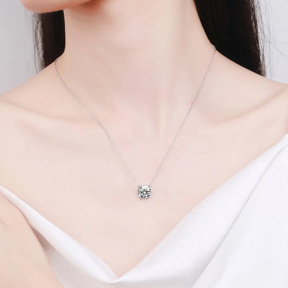 Moissanite Pendant Necklace – 1ct 2ct 3ct D Color Sparkling Classic Lab Diamond | 925 Sterling Silver Necklace for Women with GRA