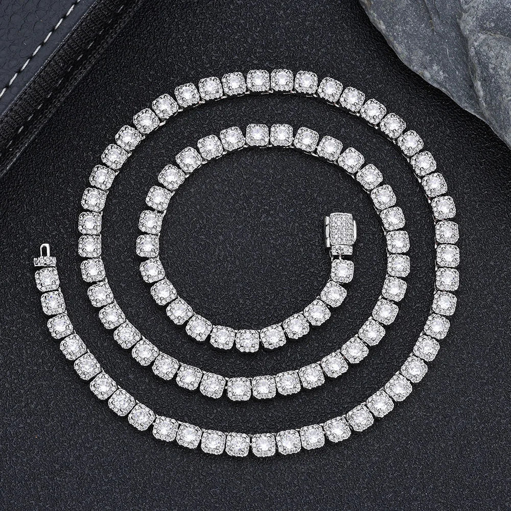 Moissanite Tennis Chain Necklace – 5mm Luxury Custom VVS Diamond Cluster | 925 Sterling Silver Jewelry