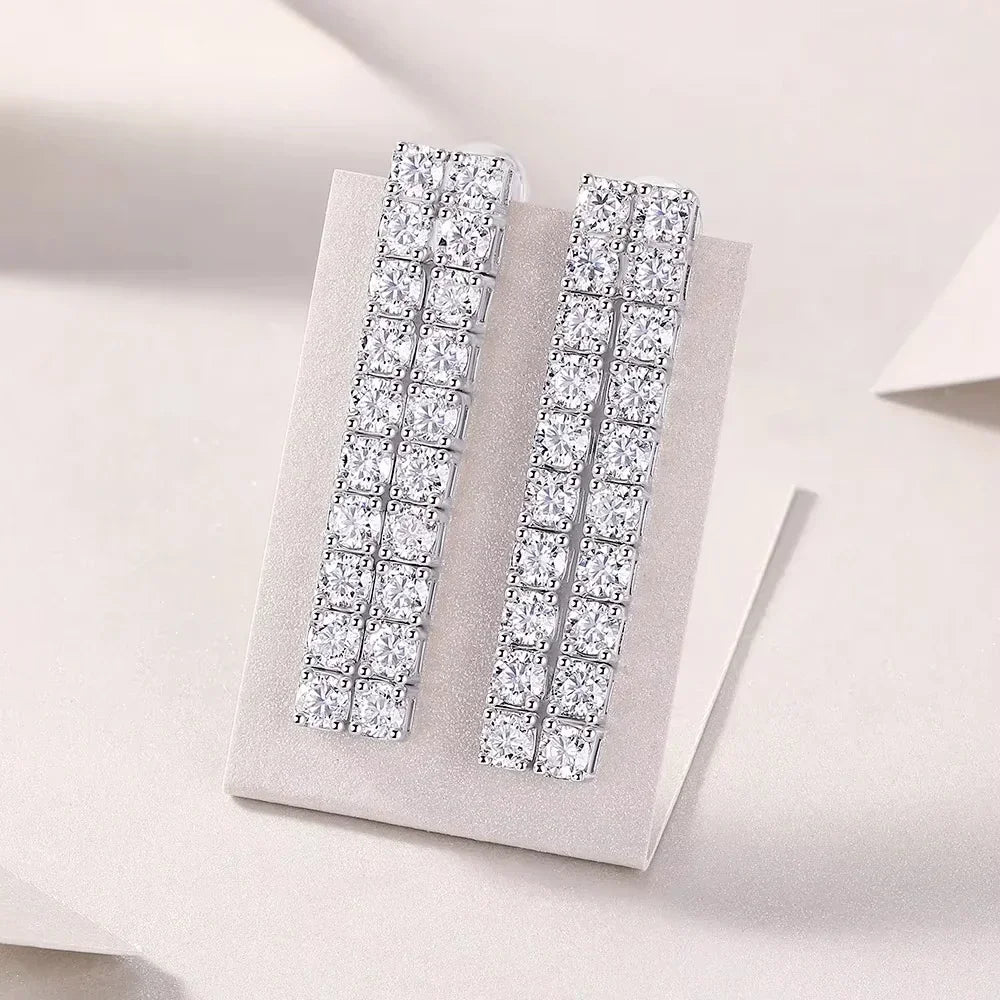 Moissanite Drop Earrings – 4CTW 3mm Double Row Long Tassel Dangle Earrings | 925 Sterling Silver Jewelry for Women